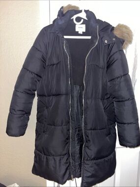 Old Navy Black Puffer Coat with Faux Fur Trim Hood